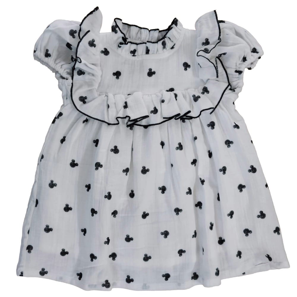 Snowflakes Double Muslin, Half Sleeve Dress With Frill At Neck And Yoke With Micky Mouse Prints - White