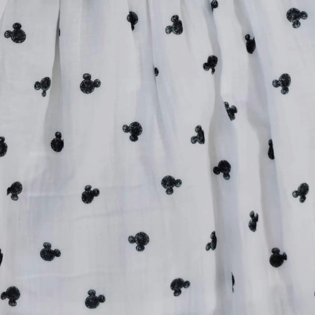 Snowflakes Double Muslin, Half Sleeve Dress With Frill At Neck And Yoke With Micky Mouse Prints - White