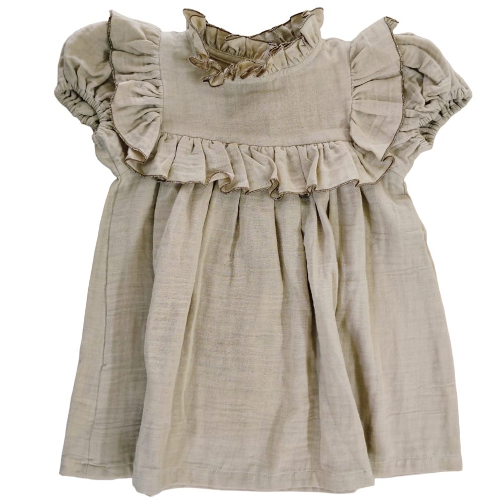 Snowflakes Double Muslin, Half Sleeve Dress With Frill At Neck And Yoke - Cream