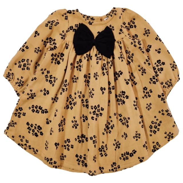 Snowflakes Girls Full Sleeve , Double Musline Fabric Dress With Flower Prints - Brown