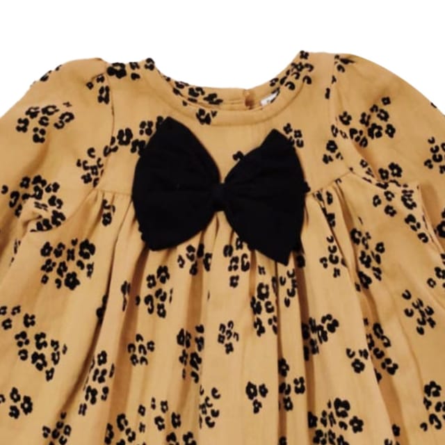Snowflakes Girls Full Sleeve , Double Musline Fabric Dress With Flower Prints - Brown