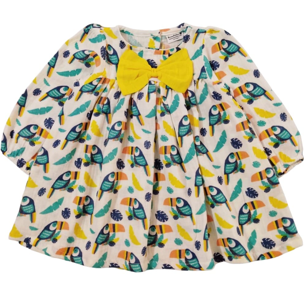 Snowflakes Girls Full Sleeve , Double Musline Fabric Dress With Bird Prints - White