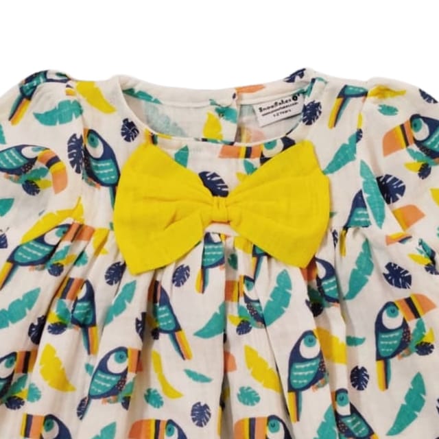 Snowflakes Girls Full Sleeve , Double Musline Fabric Dress With Bird Prints - White