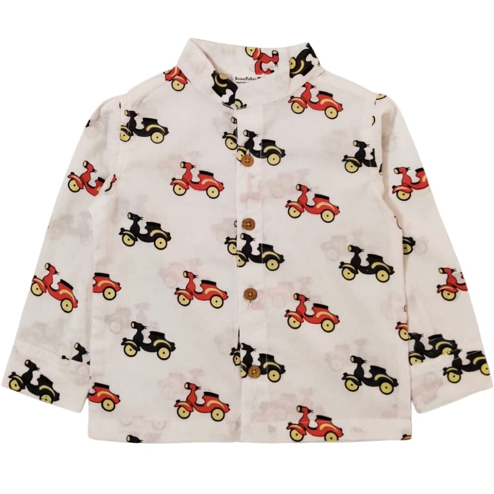 Snowflakes Full Sleeve Shirt With Bike Prints - White