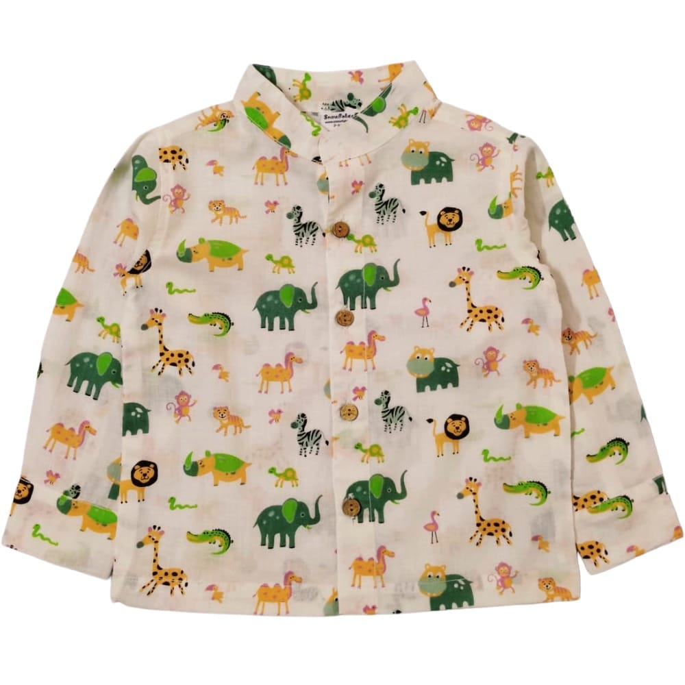 Snowflakes Full Sleeve Shirt With Animals Print - White