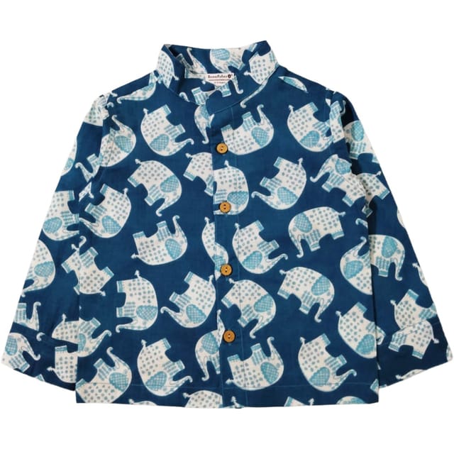 Snowflakes Full Sleeve Shirt With Elephant Print - Blue