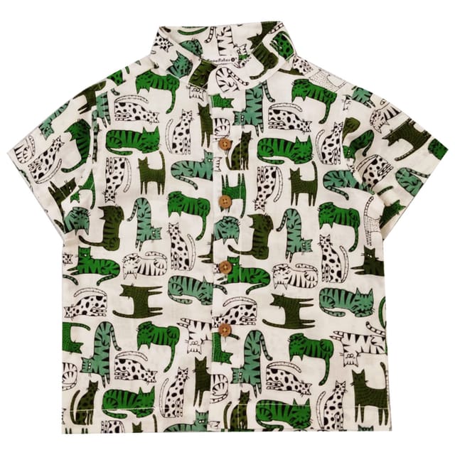 Snowflakes Boys Half Sleeve Cotton Shirt With Cat Prints - White
