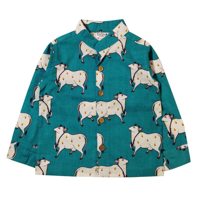 Snowflakes Full Sleeve Shirt With Cow Print - Blue