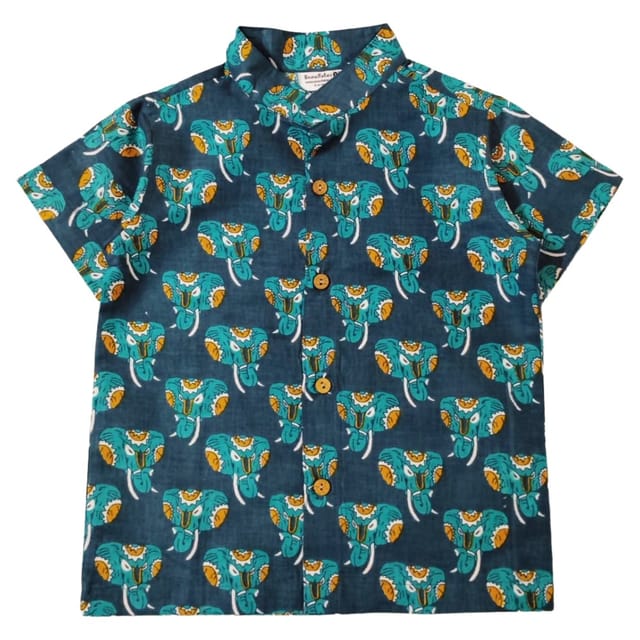 Snowflakes Boys Half Sleeve Cotton Shirt With Elephant Prints - Blue