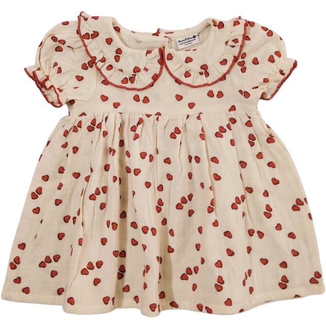 Snowflakes Girls' Short Sleeve, Double Muslin Fabric Dress With Heart Prints - Cream