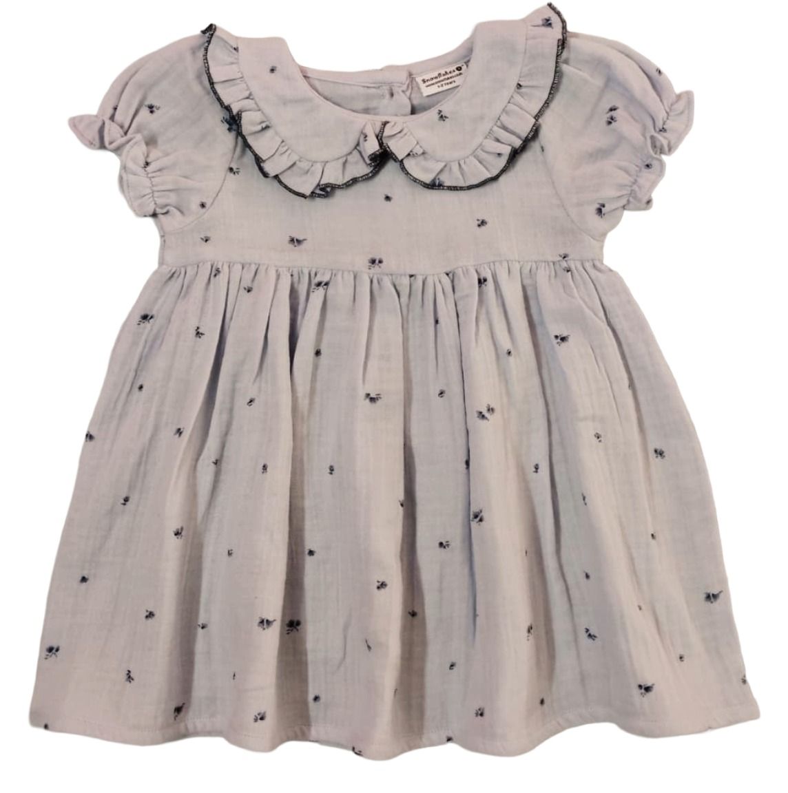 Snowflakes Girls' Short Sleeve, Double Muslin Fabric Dress - White