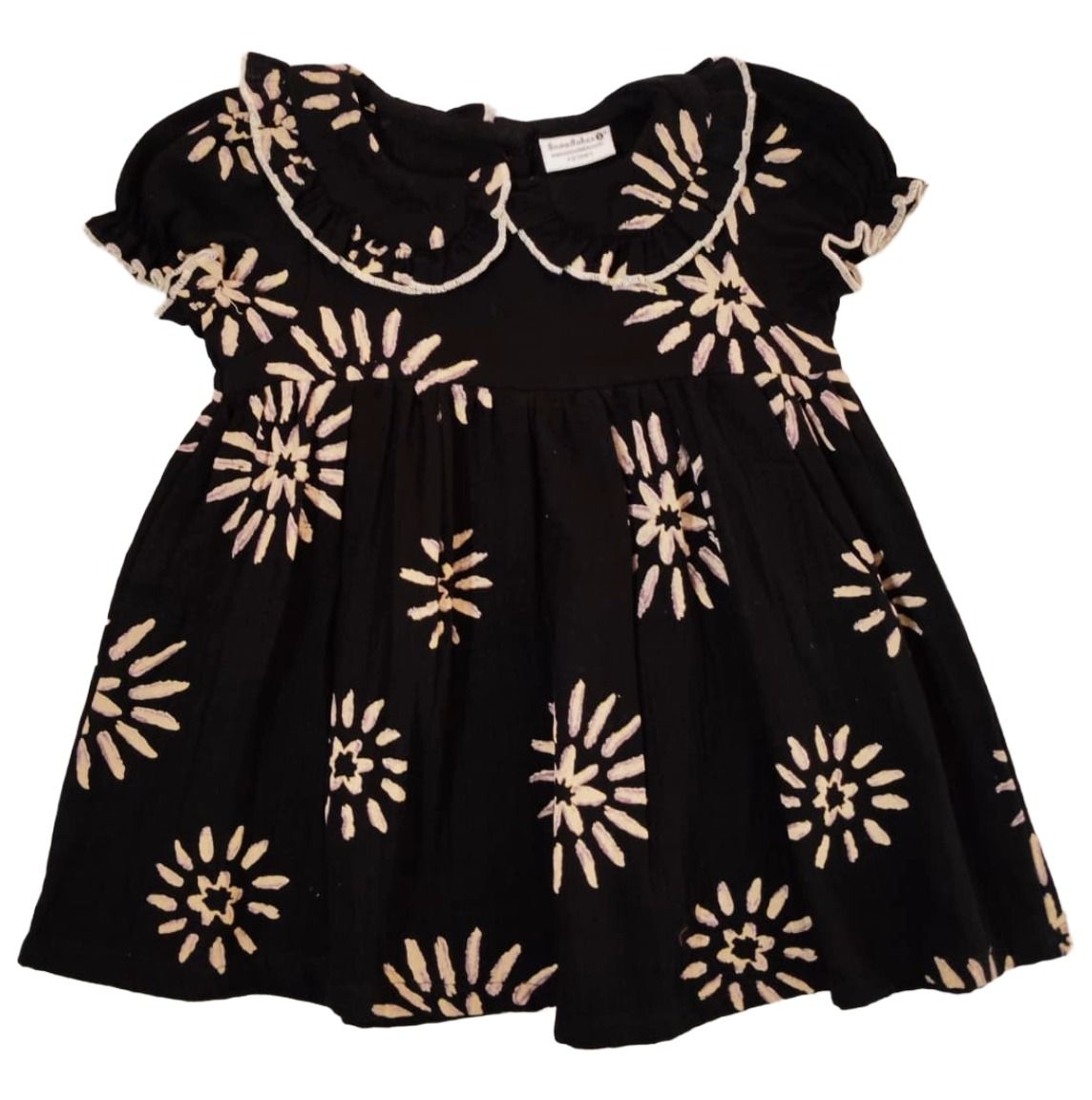 Snowflakes Girls' Short Sleeve, Double Muslin Fabric Dress With Sun Print - Black