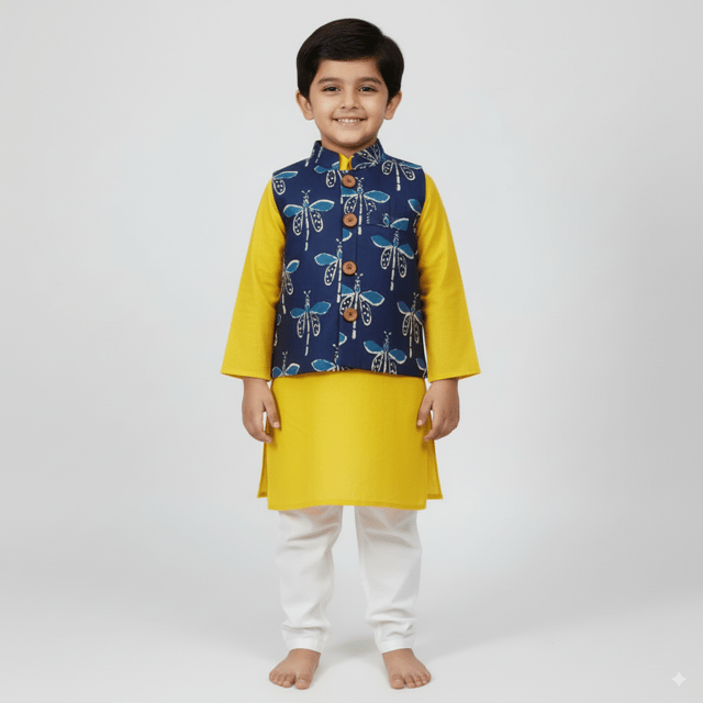 Snowflakes Boys Solid, Slub Cotton, Kurta And Pyjama Set - Lime Yellow & White