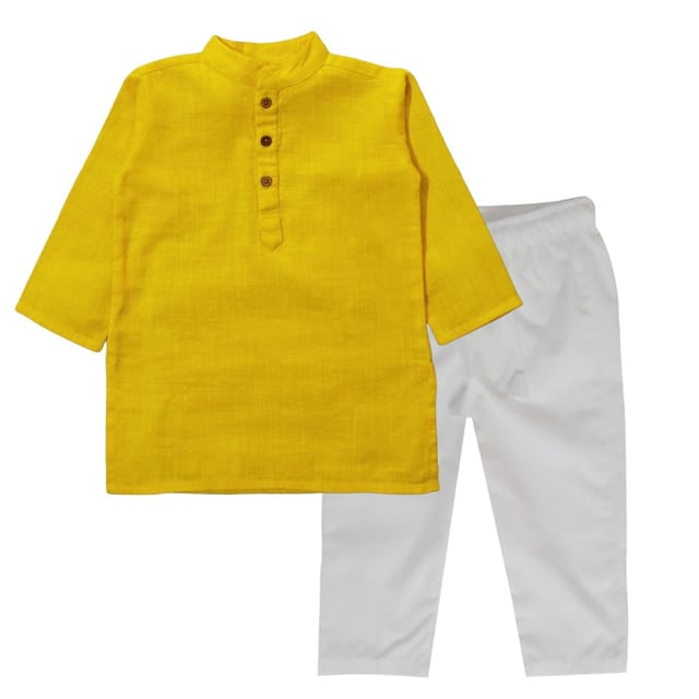 Snowflakes Boys Solid, Slub Cotton, Kurta And Pyjama Set - Lime Yellow & White