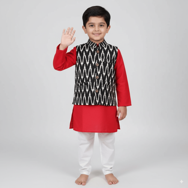 Snowflakes Boys Solid, Slub Cotton, Kurta And Pyjama Set - Red  & White