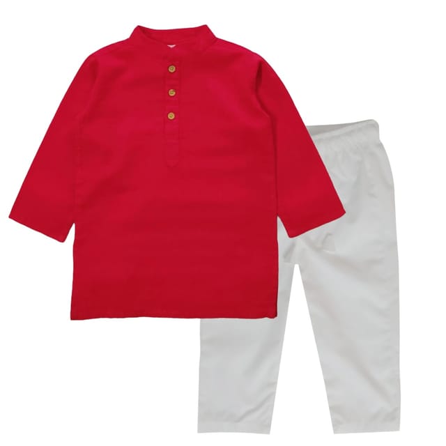 Snowflakes Boys Solid, Slub Cotton, Kurta And Pyjama Set - Red  & White