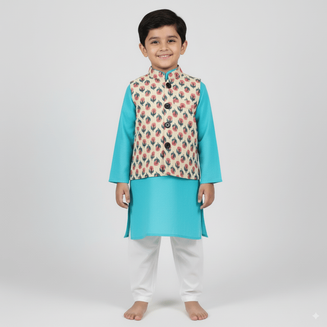 Snowflakes Boys Solid, Slub Cotton, Kurta And Pyjama Set - Sky Blue & White