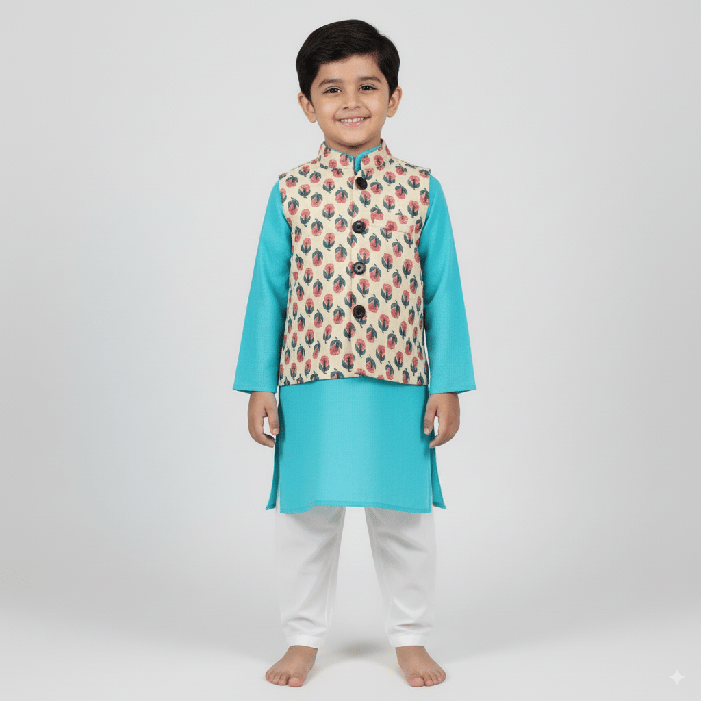 Snowflakes Boys Solid, Slub Cotton, Kurta And Pyjama Set - Sky Blue & White