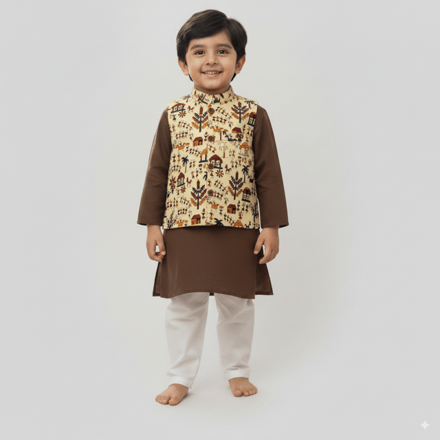 Snowflakes Boys Solid, Slub Cotton, Kurta And Pyjama Set - Brown & White