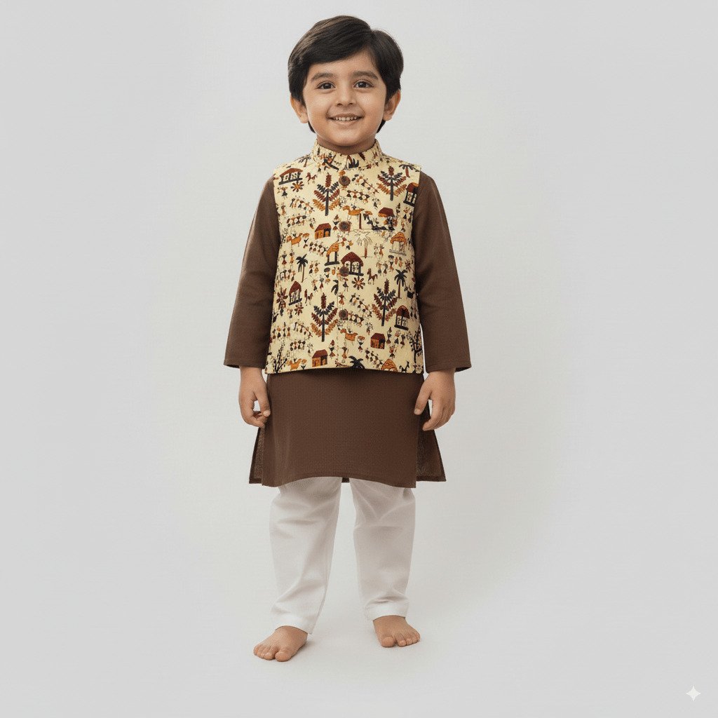 Snowflakes Boys Solid, Slub Cotton, Kurta And Pyjama Set - Brown & White
