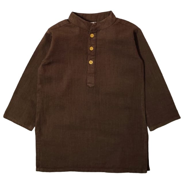 Snowflakes Boys Solid, Slub Cotton, Kurta And Pyjama Set - Brown & White