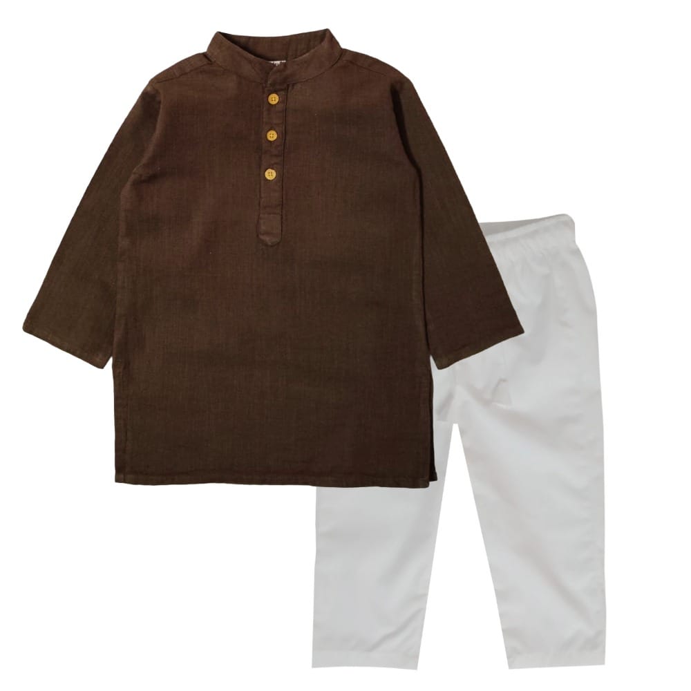 Snowflakes Boys Solid, Slub Cotton, Kurta And Pyjama Set -&nbsp;Brown&nbsp;&&nbsp;White