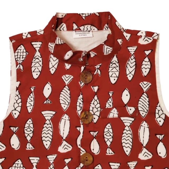 Snowflakes Boys Cotton Waistcoat With Fish Prints - Red