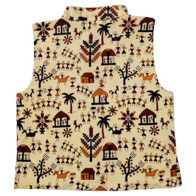 Snowflakes Boys Cotton Waistcoat With Worli Prints - Off White