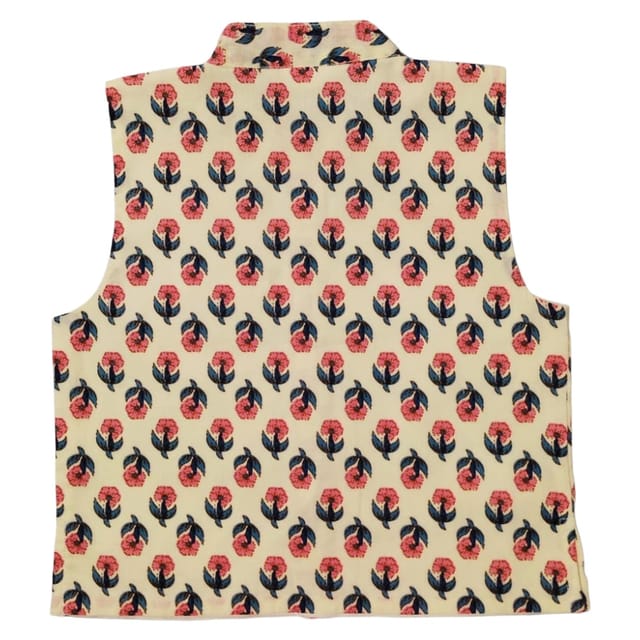 Snowflakes Boys Cotton Waistcoat With Floral Prints - Off White