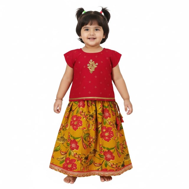Snowflakes Girls' Lehenga Set , Rayon Fabric With Floral Prints - Orange & Mustard