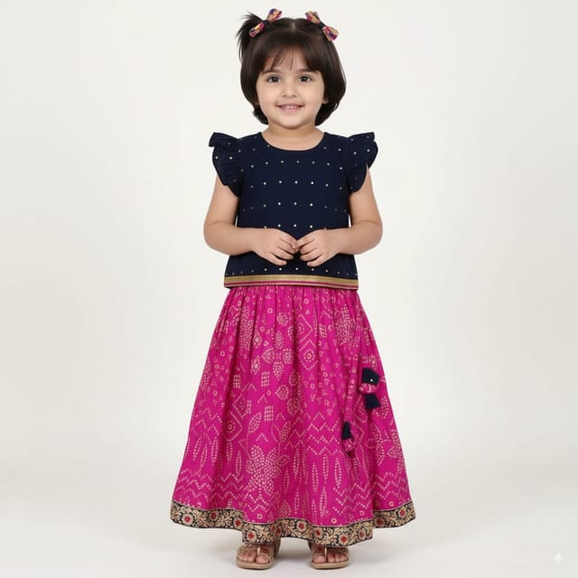 Snowflakes Girls' Lehenga Set ,Foil Printed, Rayon Fabric With Bandini Printed Bottom - Navy Blue & Pink