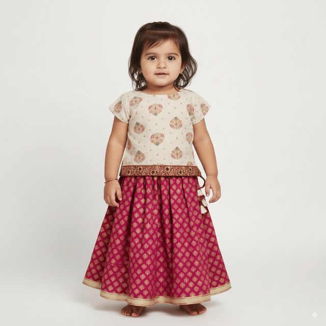 Snowflakes Girls' Lehenga Set , Foil Printed, Rayon Fabric With Leaf Prints - White & Maroon