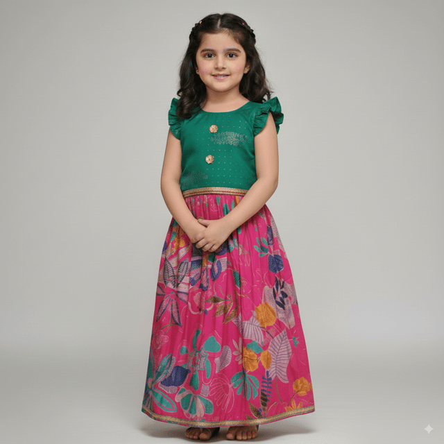 Snowflakes Girls' Lehenga Set ,Rayon Fabric With Floral Printed Bottom - Green & Pink