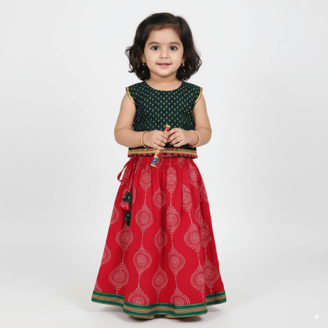 Snowflakes Girls' Lehenga Set ,Foil Printed, Rayon Fabric With Abstract Prints - Green & Red