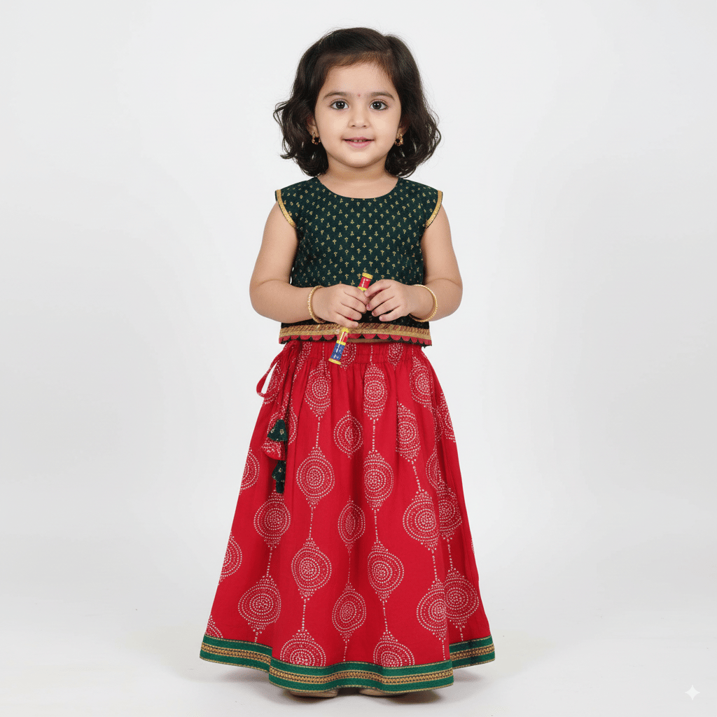 Snowflakes Girls' Lehenga Set ,Foil Printed, Rayon Fabric With Abstract Prints - Green & Red