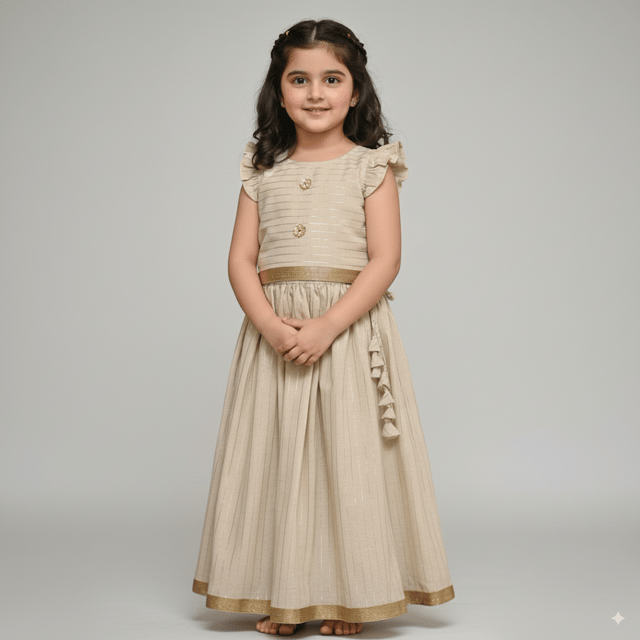 Snowflakes Girls' Lehenga Set ,Foil Printed, Cotton Fabric With Stripes - White