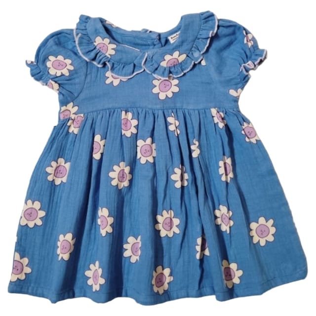 Snowflakes Girls' Short Sleeve, Double Muslin Fabric Dress With Flower Prints - Blue