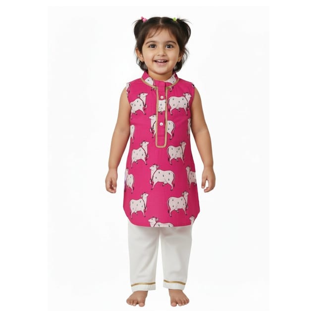 Snowflakes Girls Sleeveless Kurti Set With Straight Pants, With Cow Prints - Pink