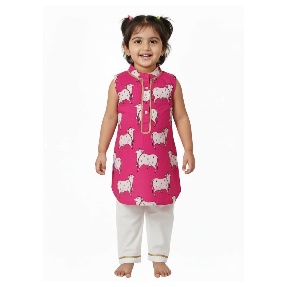 Snowflakes Girls Sleeveless Kurti Set With Straight Pants, With Cow Prints - Pink