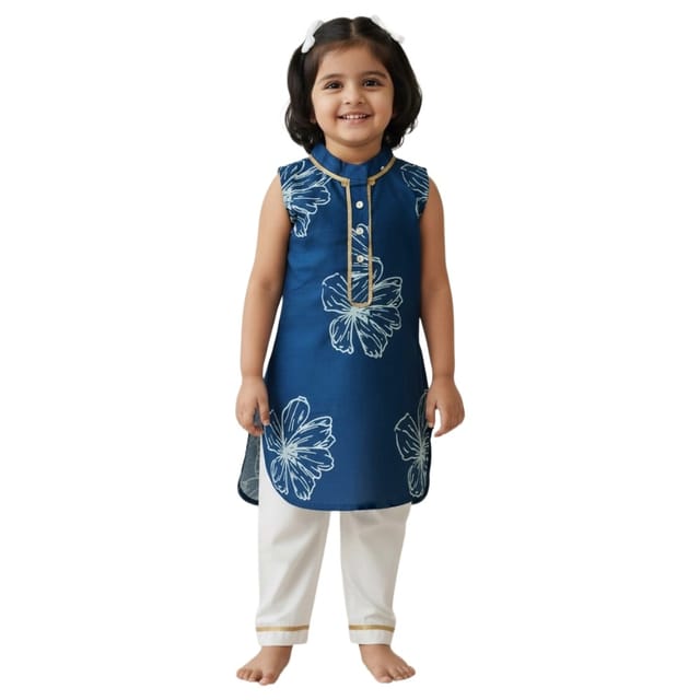 Snowflakes Girls Sleeveless Kurti Set With Straight Pants, With Flower  Prints - Blue