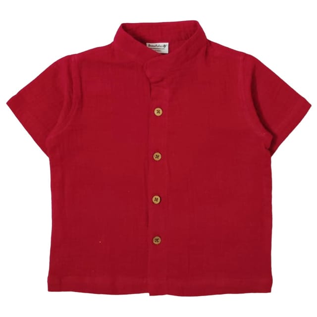 Snowflakes Boys Half Sleeve Double Gauze Fabric Solid Shirt - Red