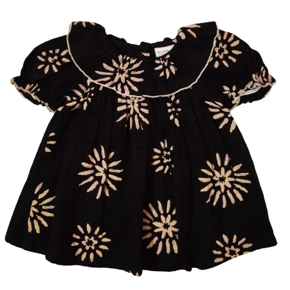 Snowflakes Girls' Short Sleeve, Double Muslin Fabric Dress With Sun Print - Black