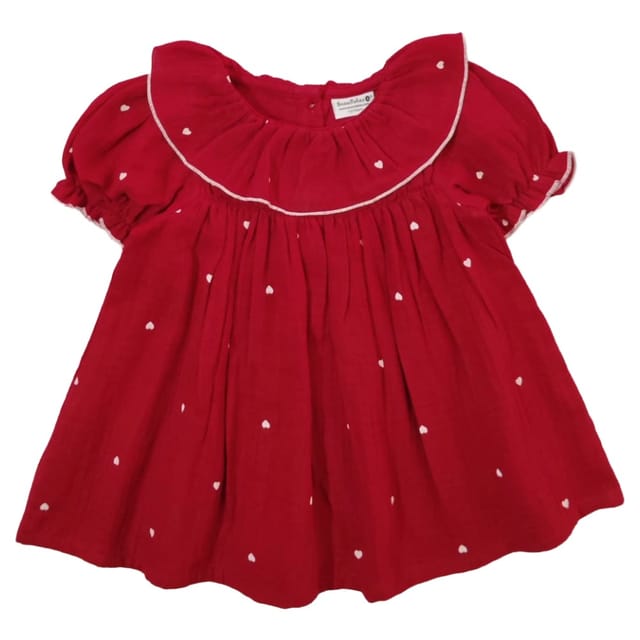 Snowflakes Girls' Short Sleeve, Double Muslin Fabric Dress - Red