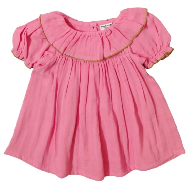 Snowflakes Girls' Short Sleeve, Double Muslin Fabric Dress - Pink
