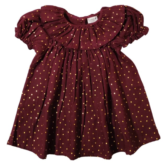 Snowflakes Girls' Short Sleeve, Double Muslin Fabric Dress - Maroon