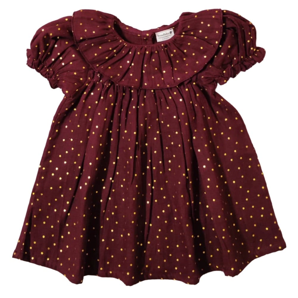 Snowflakes Girls' Short Sleeve, Double Muslin Fabric Dress - Maroon
