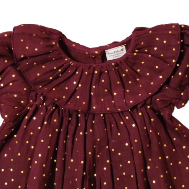 Snowflakes Girls' Short Sleeve, Double Muslin Fabric Dress - Maroon