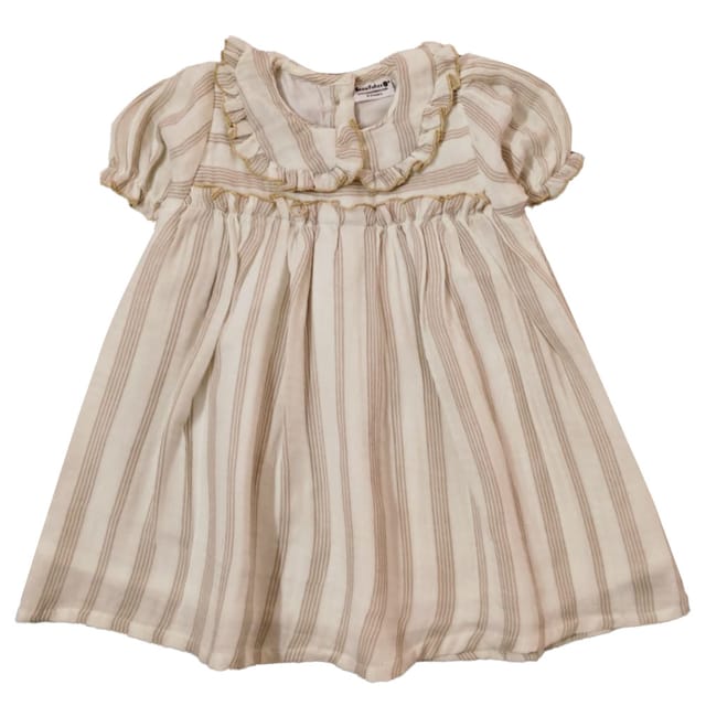 Snowflakes Girls' Short Sleeve, Peter Pan Collared, Double Fabric, Striped Dress - Off White