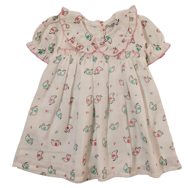 Snowflakes Girls' Short Sleeve, Peter Pan Collared, Double Fabric, Printed Dress - White