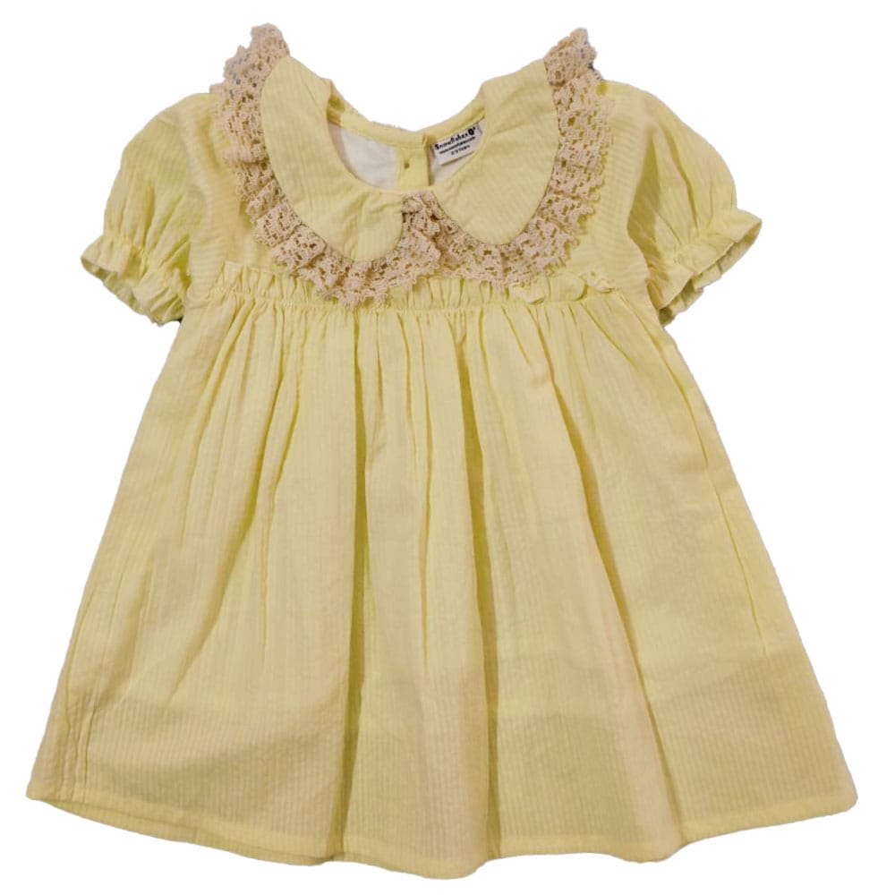Snowflakes Girls' Short Sleeve, Peter Pan Collared, Solid Cotton Dress - Yellow